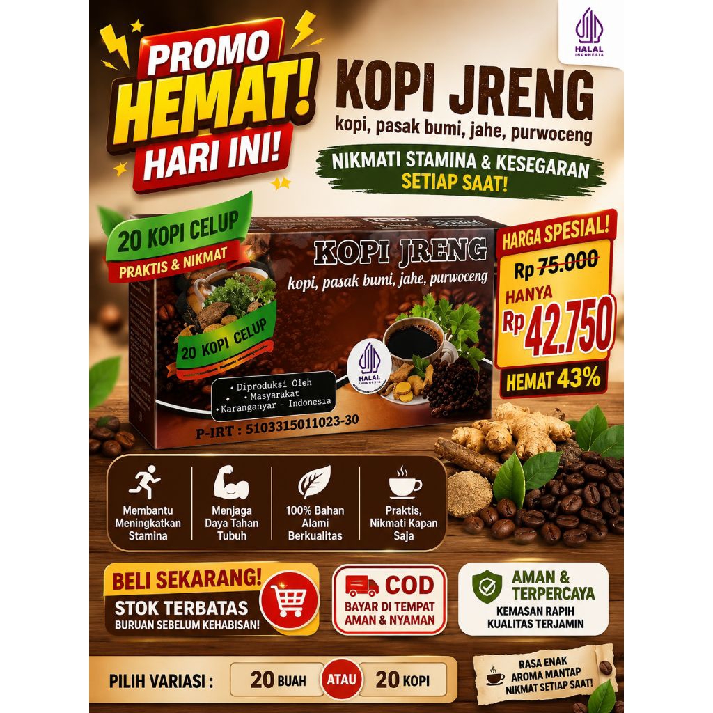 Kopi Jreng Instan 20 Kantong - Membantu Meningkatkan Stamina, Praktis, Nikmati Setiap Saat