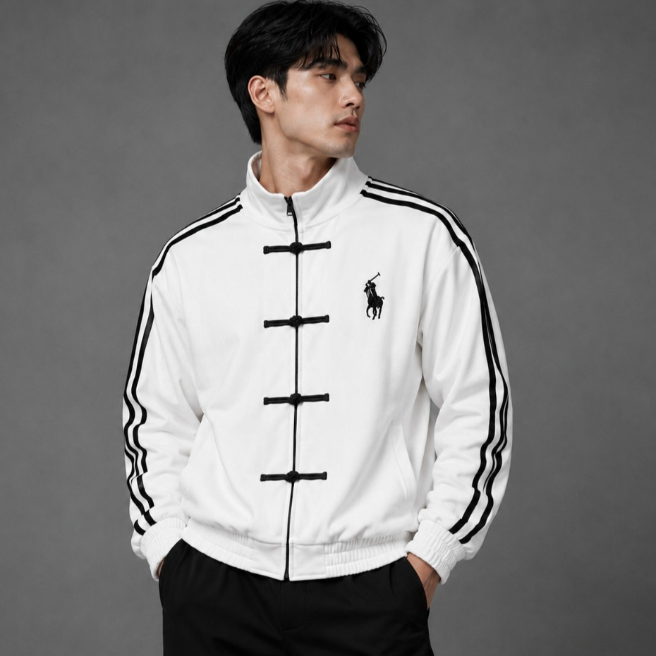 tracktop premium pria branded / wahite jaket logo bordir original polo / jacket casal sport 3 stripe