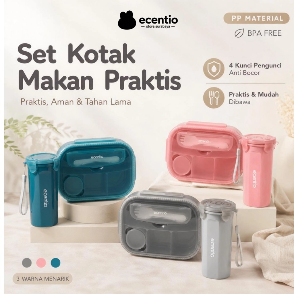ecentio Kotak Makan 4 Sekat 1200ML + Botol Minum 500ML, Lunch Box Set Anti Tumpah BPA FREE, Tempat B