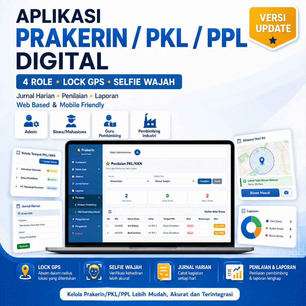 APLIKASI PRAKERIN PKL PPL KKN ONLINE ABSENSI GPS JURNAL HARIAN PENILAIAN LAPORAN 4 ROLE
