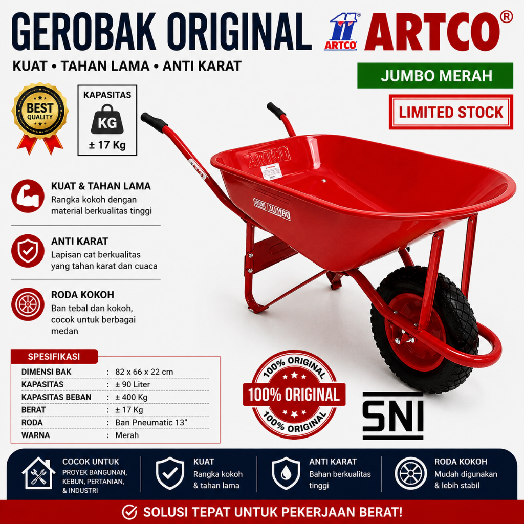 [GOJEK/GRAB/BLUEBIRD]Artco Gerobak Sorong Dorong Pasir Cor Jumbo Merah HSS-550SE Set Baja Kapasitas 