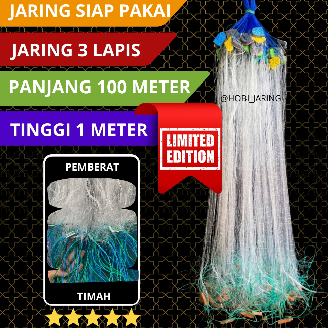 Jaring ikan siap pakai panjang 100m tinggi 1m berkualitas