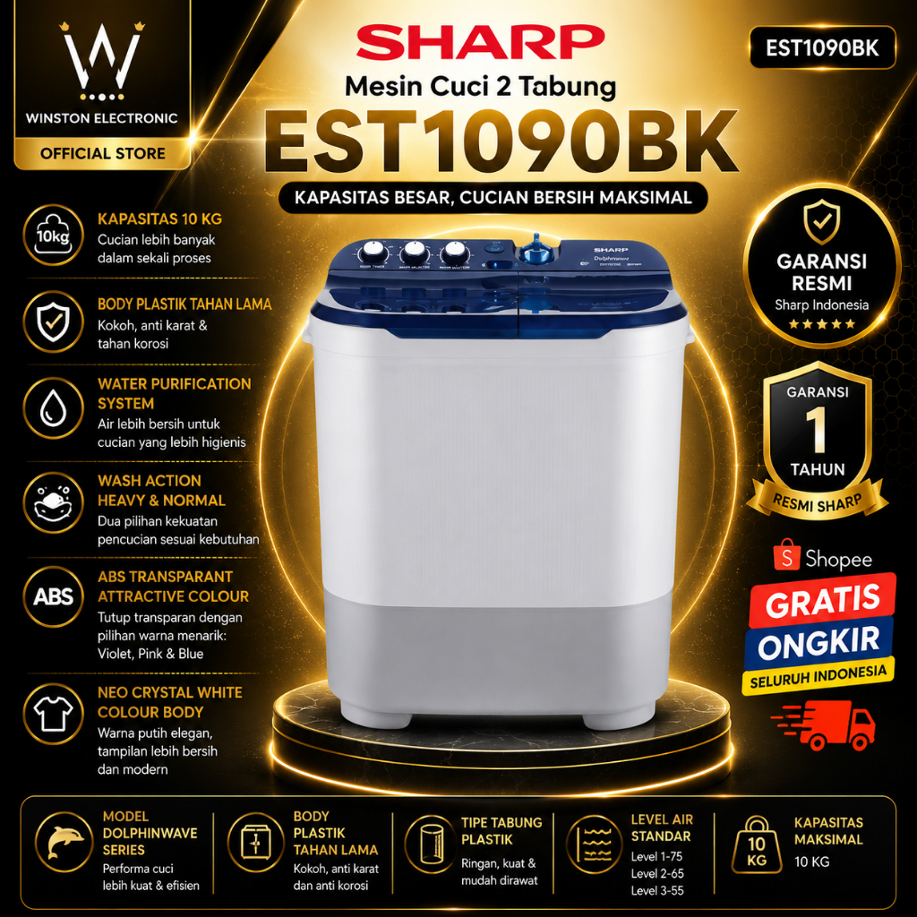 Mesin Cuci SHARP 2 Tabung EST1090BK 10 KG//EST-1090-BK/EST 1090BK/ SHARP MURAH// ORIGINAL BERGARANSI