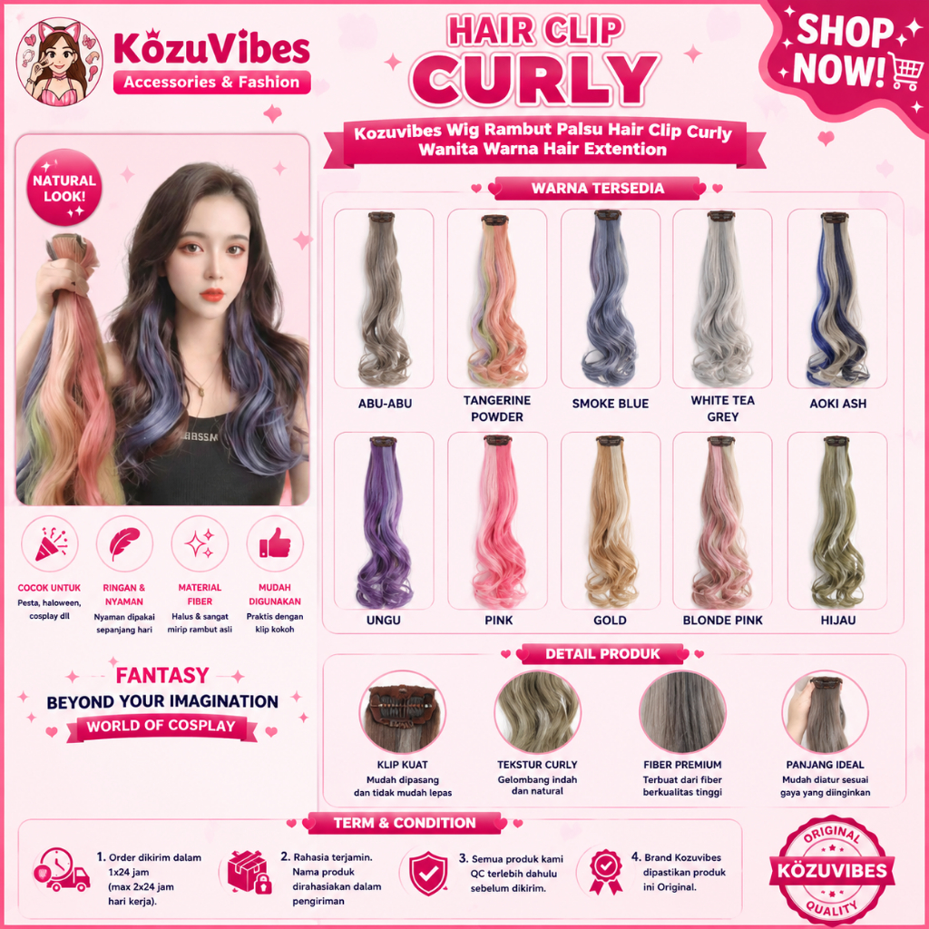 Kozuvibes Wig Rambut Palsu Hair Clip Curly Wanita Warna Hair Extention