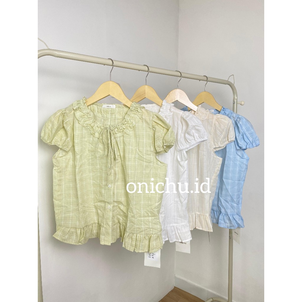 Blouse Plaid Ruffle Ribbon blus pita kotak summer outfit korea jepang pantai 70081