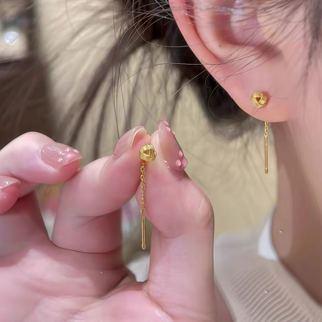 Serenity Jewel Anting Panjang Rantai Model Simpul Emas Jarum Anti Alergi Minimalis Elegan