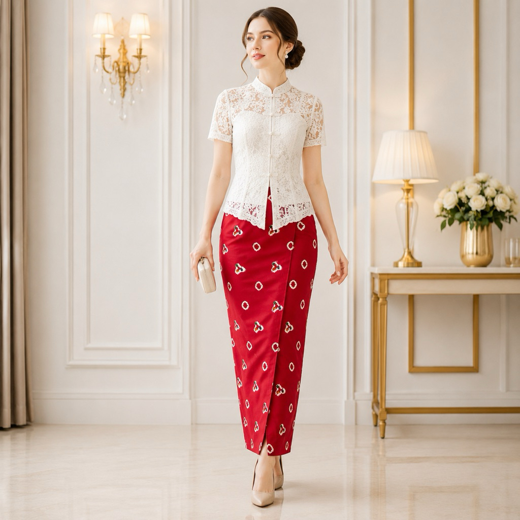 Rok Span Batik Merah Acara 17 Agustus/Bawahan Kebaya Merah/Jumputan Merah Terang