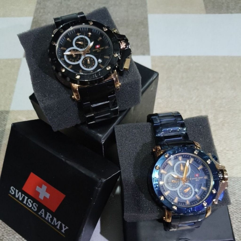 Jam Tangan Pria (Crono Aktif) Collection SA Rantai Fullset 9205 Hitam Gold dan Biru Rose Gold