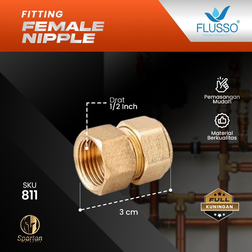 Fitting Nepel Sambungan Pipa Air Panas Sock Drat Dalam 1/2 inch Kuningan 811 Flusso