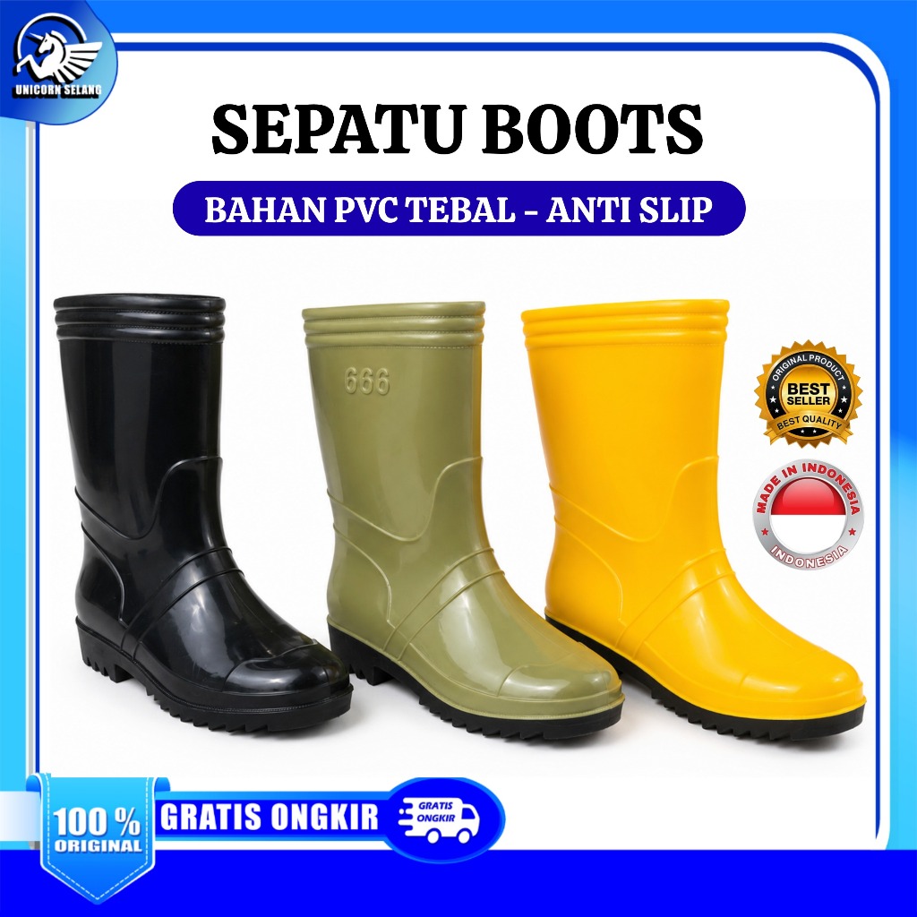Sepatu Boot Pria Wanita Dewasa Karet 3 Warna, Anti Air Tebal PVC untuk Kebun & Proyek – Murah & Grat