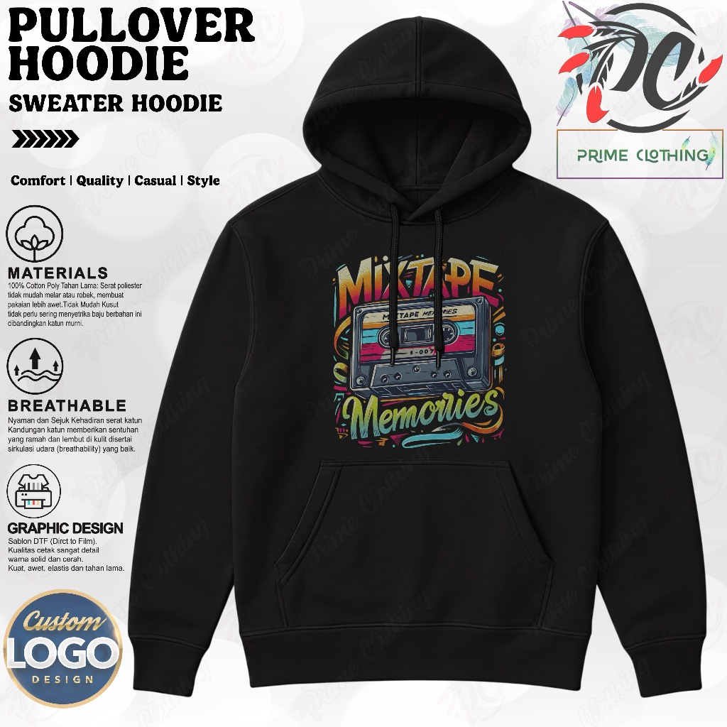 HOODIE DEWASA HOODIE PRIA & WANITA SWEATER HOODIE HITAM CUSTOM DESIGN VINTAGE RETRO MIXTAPE MEMORIES
