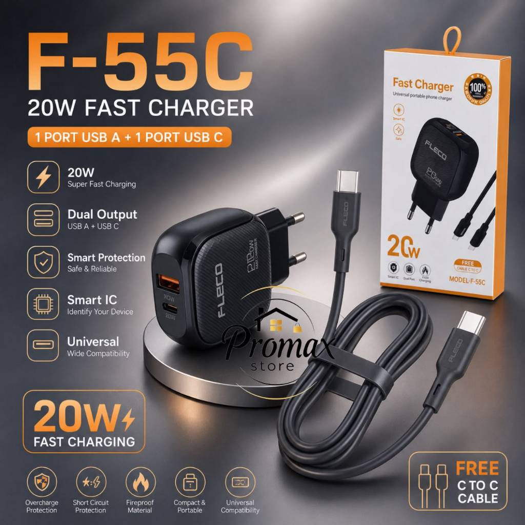 PM - Charger Fleco F55c Plus Kabel C To C Fast Charging