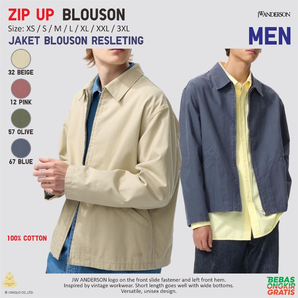 UNIQLO Blouson Jacket Zip Up Jaket Blus Unisex Katun VIntage Workwear Resleting