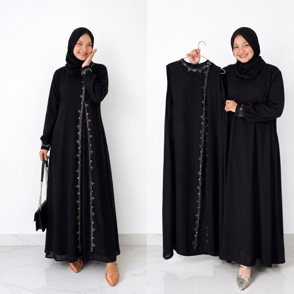 Gamis Ceruty Babydoll Abaya One Set Inner Dan Outer Mix Swarovski terbaru Full Puring