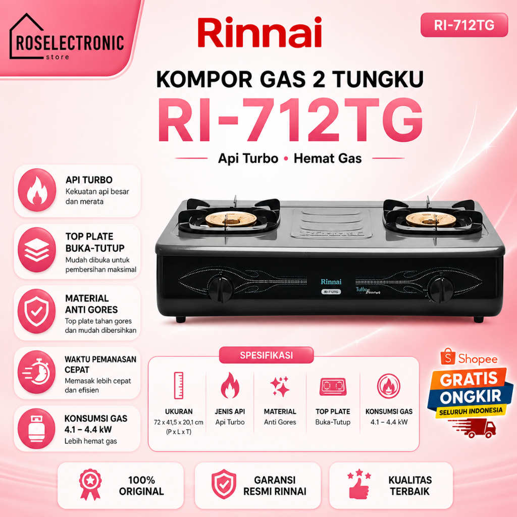KOMPOR GAS RINNAI  2 TUNGKU RI 712 TG/RI712TG/RI 712TG/RI712 TG/RI-712TG/100% ORIGINAL GARANSI RESMI