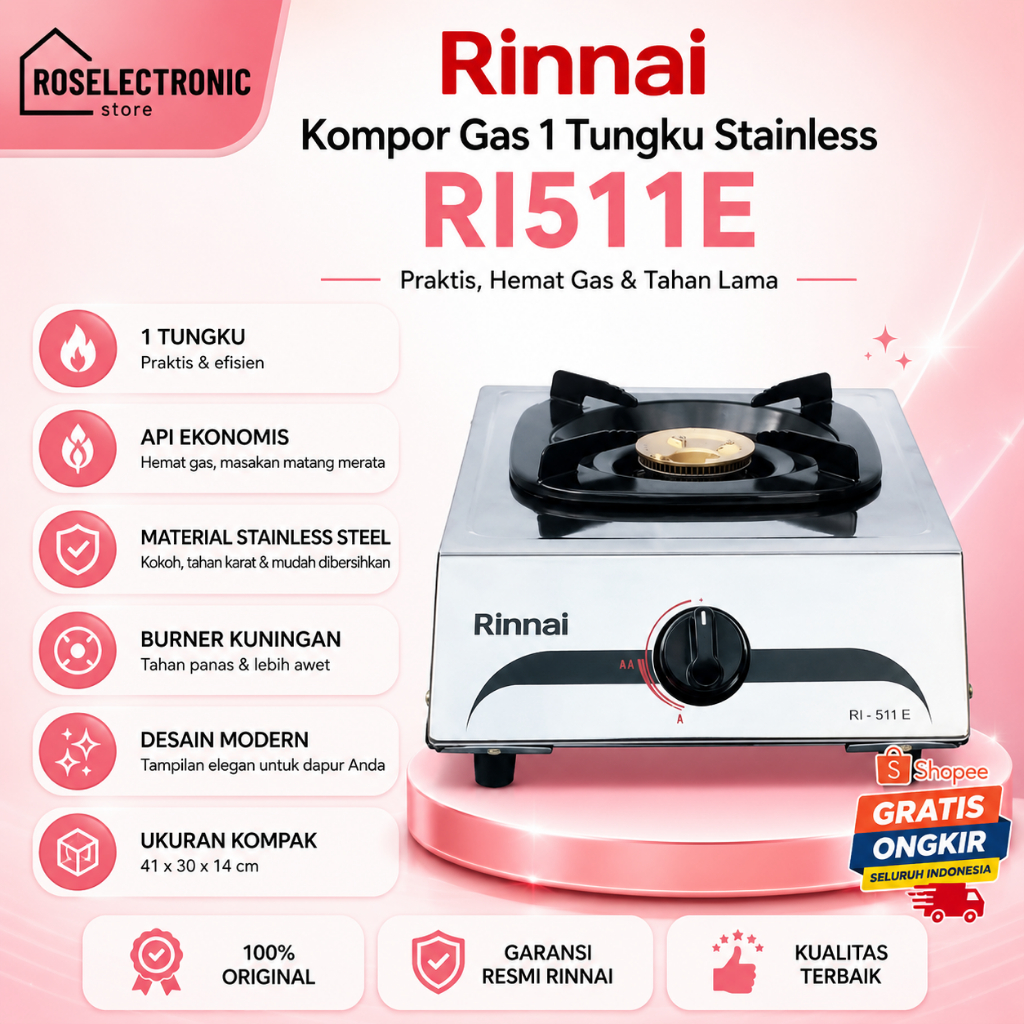 RINNAI KOMPOR GAS 1 TUNGKU STAINLESS RI511E/RI-511E/RI 511RE/Kompor Gas Rinnai/Rinnai Kompor Gas