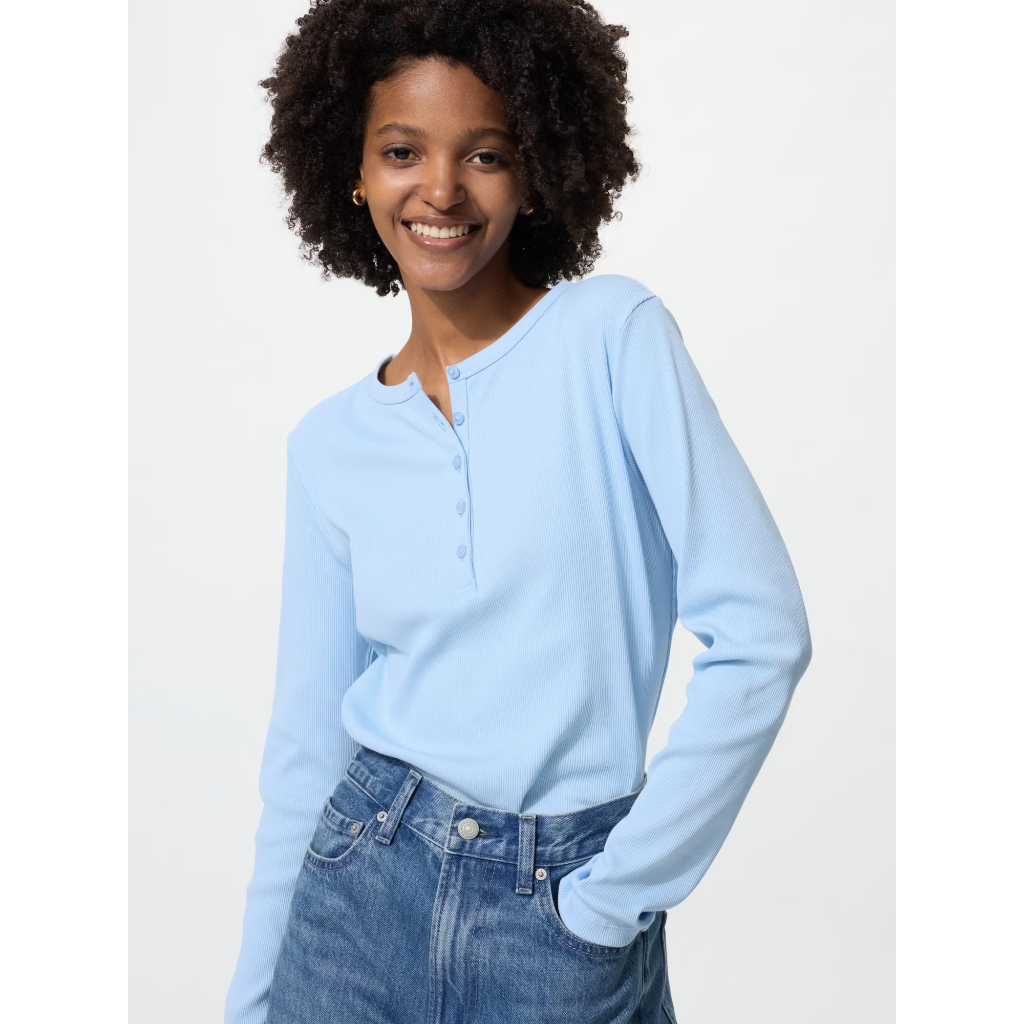 Uniqlo Ribbed Henley Neck T-Shirt Long Sleeve Kaos Lengan Panjang Wanita