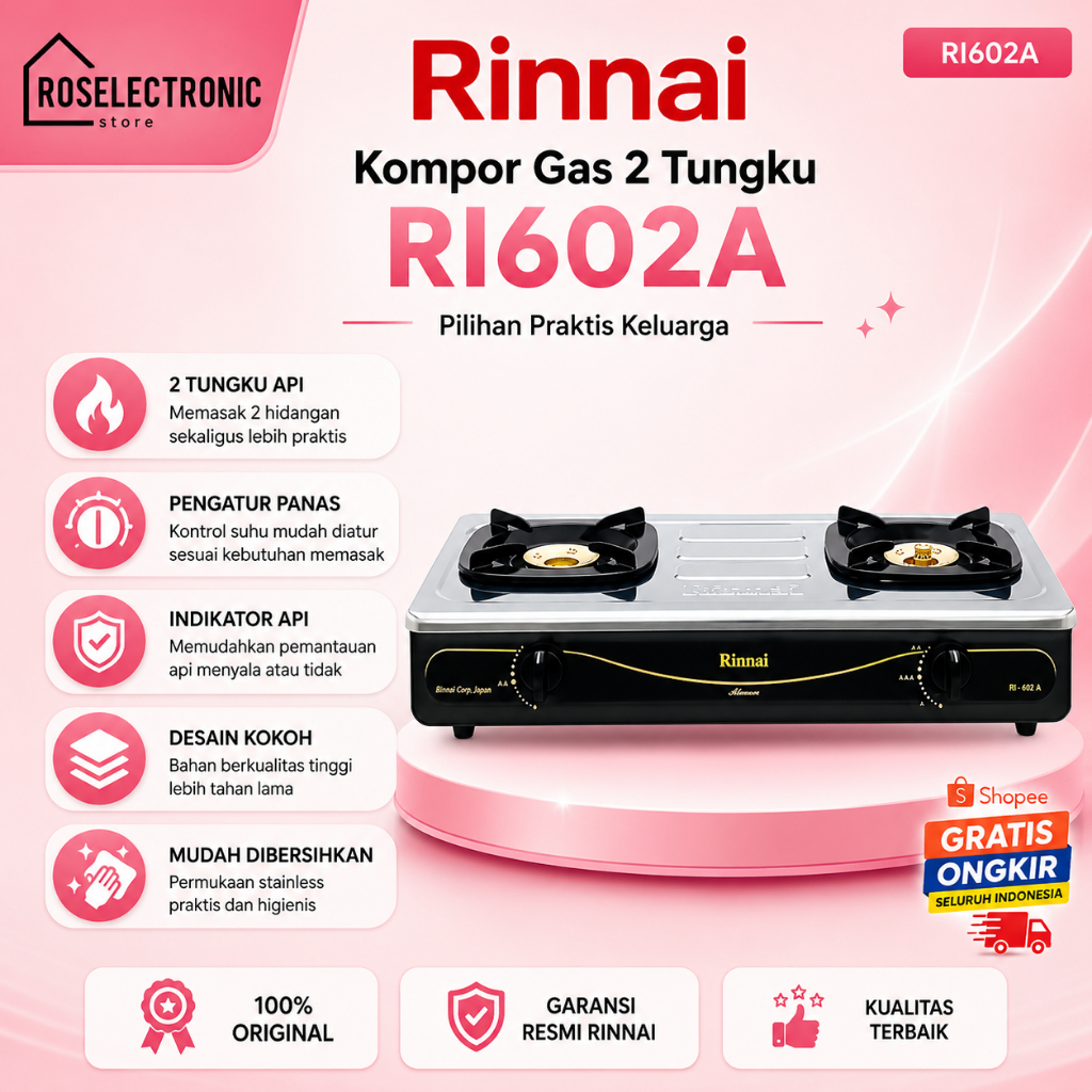 Kompor Gas Rinnai 2 Tungku RI 602 A Original Termurah/RI602A/RI 602A/RI 602 A/RI-602-A/RI-602A