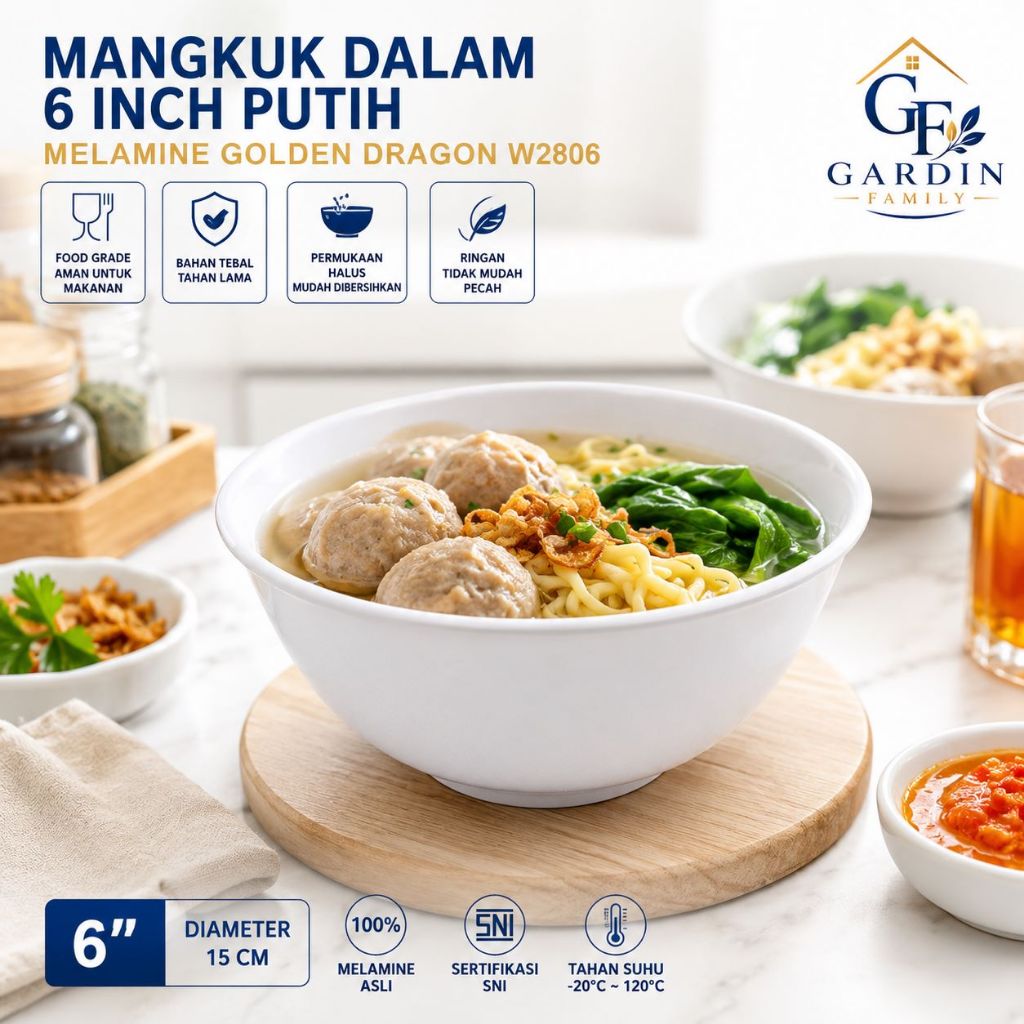 Mangkuk Dalam 6 Inch Putih Melamine Golden Dragon W2806 | Mangkuk Makan Bakso Soto Mi Food Grade SNI