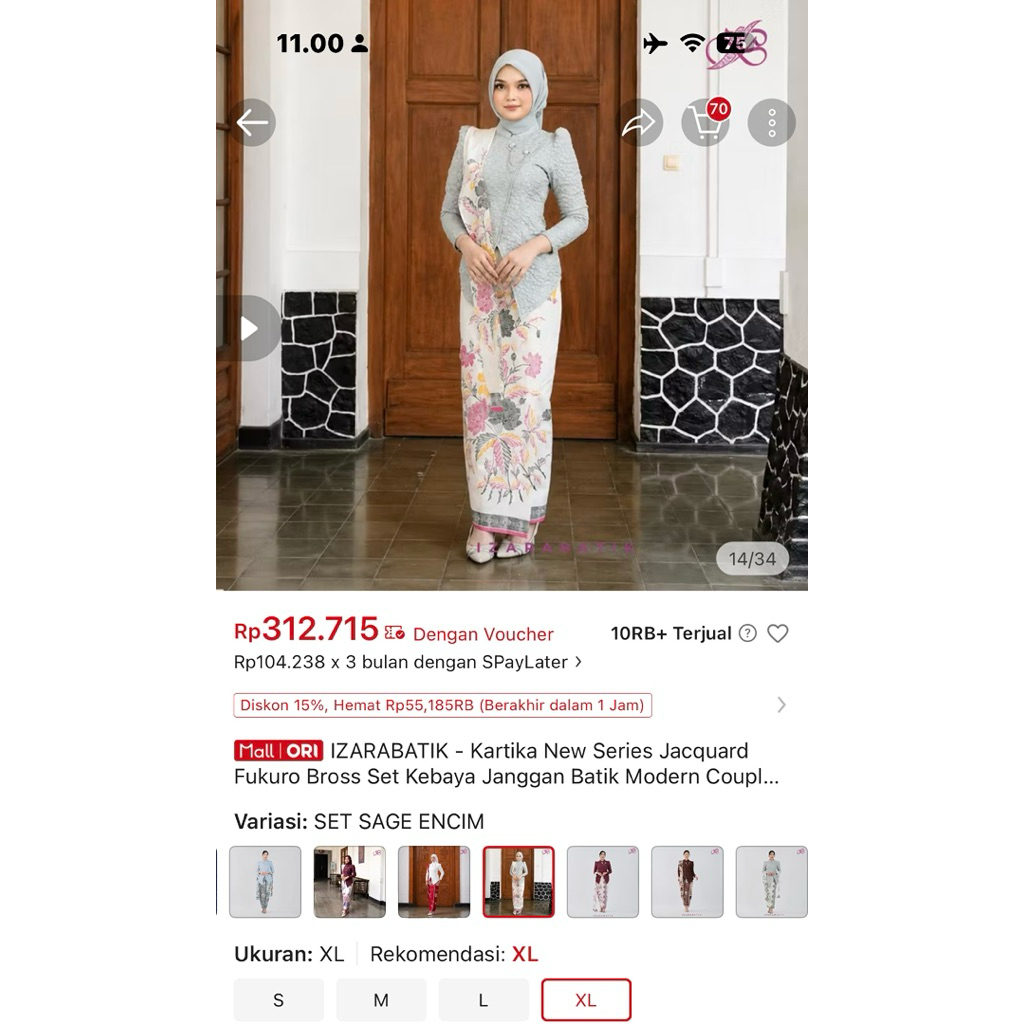 NEW KEBAYA ONE SET IZARA BATIK SAGE ENCIM XL
