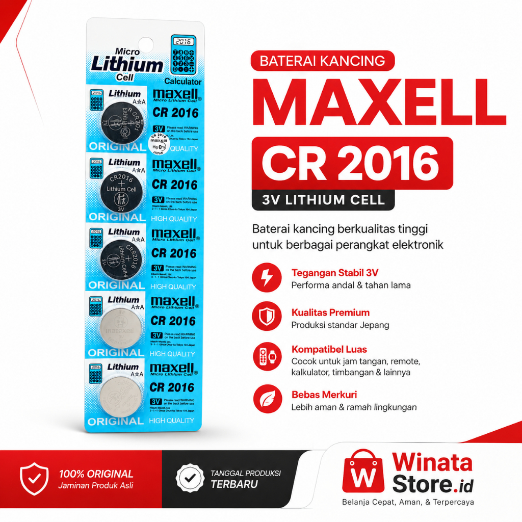 100% Original Maxell CR2016 Lithium Battery 3V – Baterai Koin Jam, Remote, Timbangan