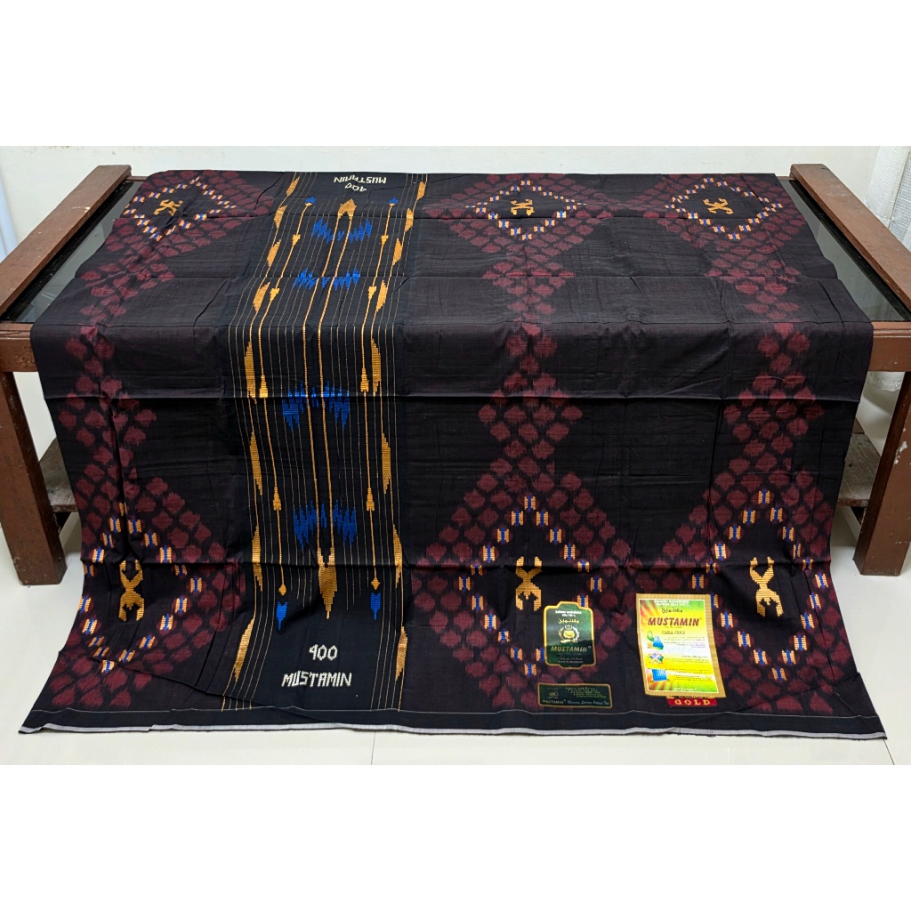 Sarung Tenun ATBM Mustamin 400 Mesres Spesial Motif KWG ikat sudah jahit tengah ada songketnya