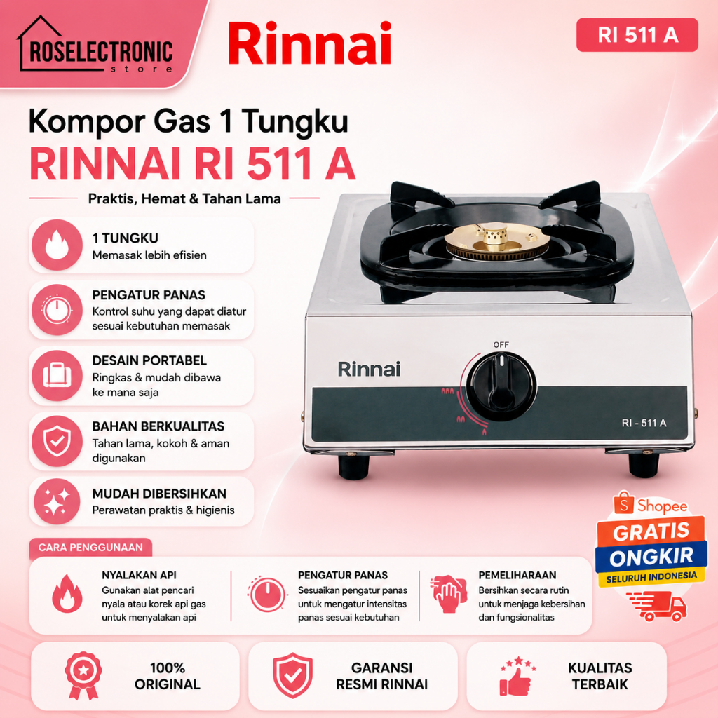Rinnai Kompor 1 Tungku RI 511 A/RI511A/RI 511 A/RI 511A/RI-511-A/RI-511A/Rinnai Kompor 1 Tungku