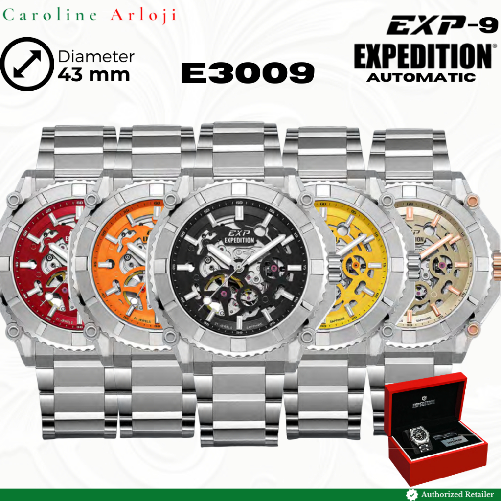 ORIGINAL Jam Tangan Pria Expedition EXP-9 Automatic Skeletonized E3009 E 3009 Stainless Steel Rantai