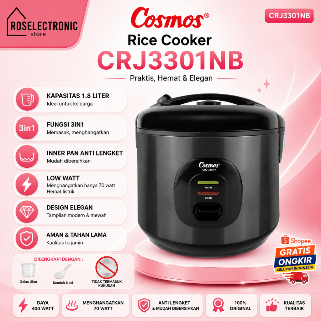 COSMOS Rice Cooker Cosmos CRJ 3301NB - 1.8Liter / CRJ 3301N-B/CRJ3301NB/CRJ-3301-NB/BERGARANSI