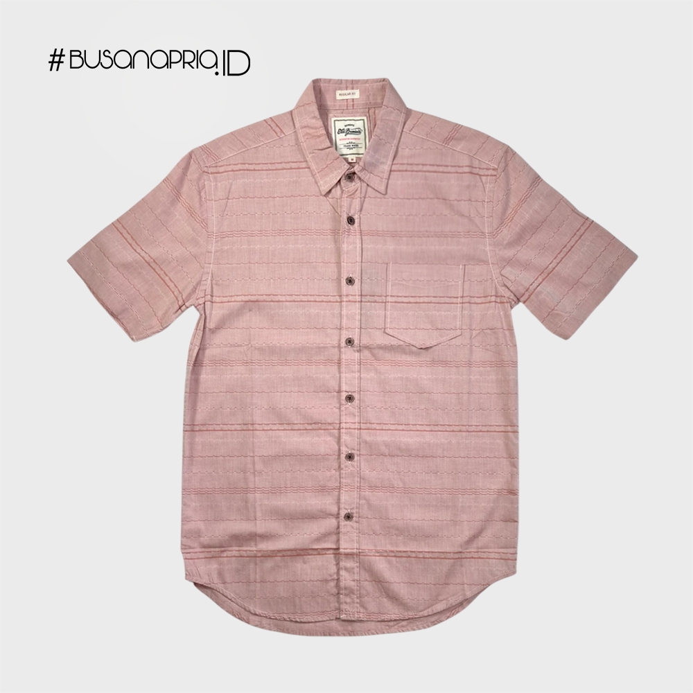 Kemeja Motif Ezio Premium Lengan Pendek - Salmon Pink / Garis Hitam | BusanaPria.ID