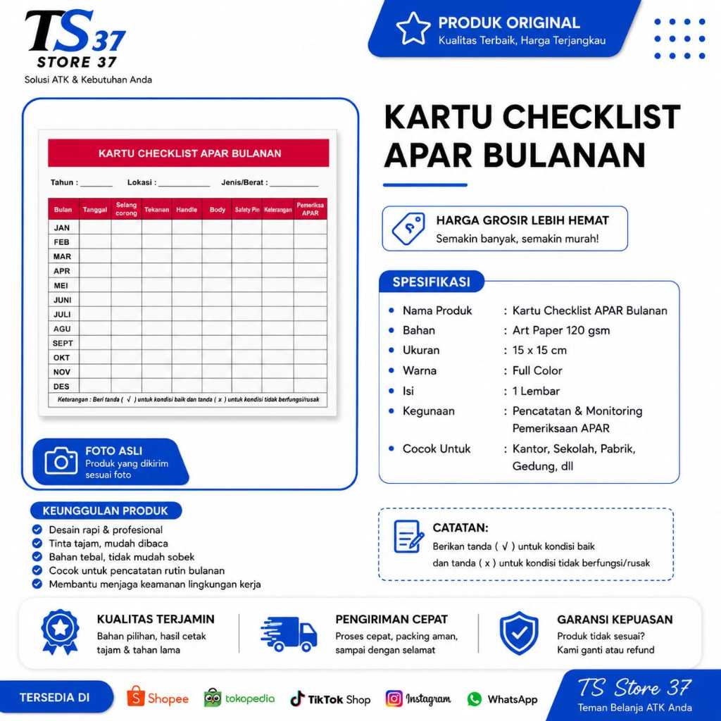 Kartu Checklist l Ceklis APAR Bulanan Uk. 15 x 15 CM READY STOK SIAP KIRIM