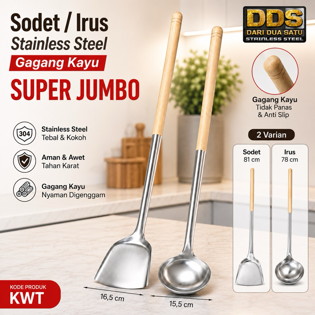 Sodet Irus Stainless Super Jumbo Gagang Kayu Tebal Premium Alat Masak Porsi Besar Catering MBK