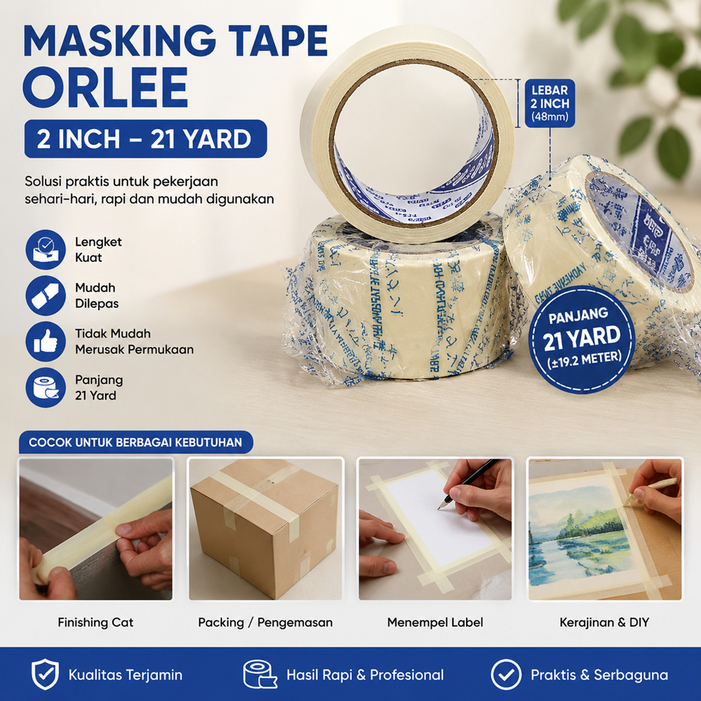 Lakban Kertas Masking Tape Orlee 2 Inch 48mm 21 Yard 21y 19Meter 19m Besar Isolasi Krem Selotip Pengecatan Cat Mobil Tembok Lem Rekat Kuat Anti Bekas Packing Packaging Serbaguna Kantor Kerajinan DIY Ekonomis Tebal Kualitas Terbaik Murah Asli Stiker Label