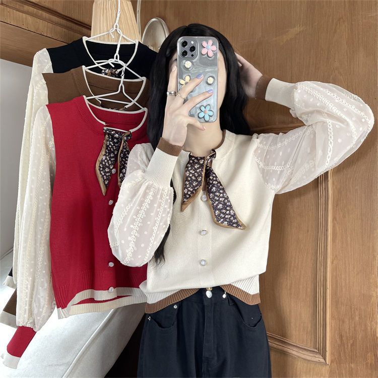 Blouse Wanita Import Seo Hyun Atasan Rajut Knit Lengan Panjang Balon Tile Polkadot Scarf Bisa Dilepa