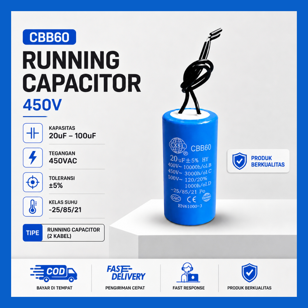 CBB60 Kapasitor Dinamo Motor 20UF 30UF Running Capacitor