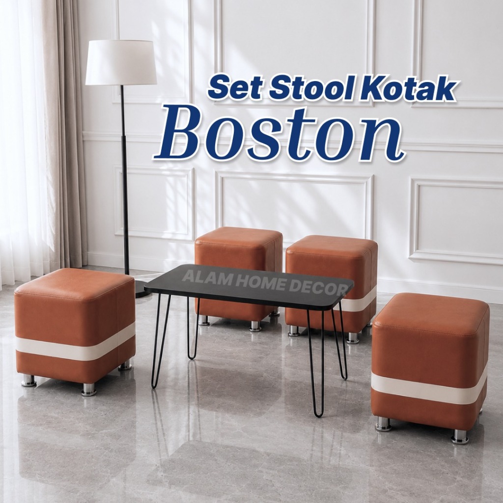 Set Stool Kotak Boston List Krem 4 Stool Kotak 1 Meja Panjang Minimalis Elegan Kekinian Modern Mewah