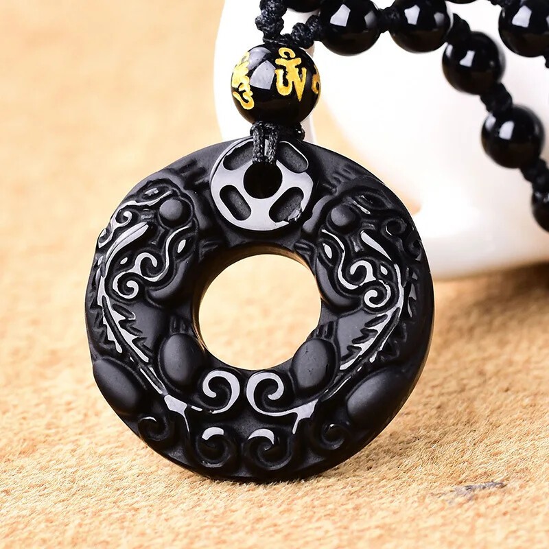 Kalung Batu Bulat Ukir Pixiu / Kalung Batu Hitam Obsidian Sintetis 2 Pixiu Tali Manik Manik / Black 