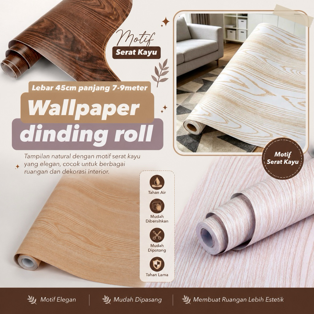 Wallpaper Dinding PVC Motif Kayu 45cm x 9meter