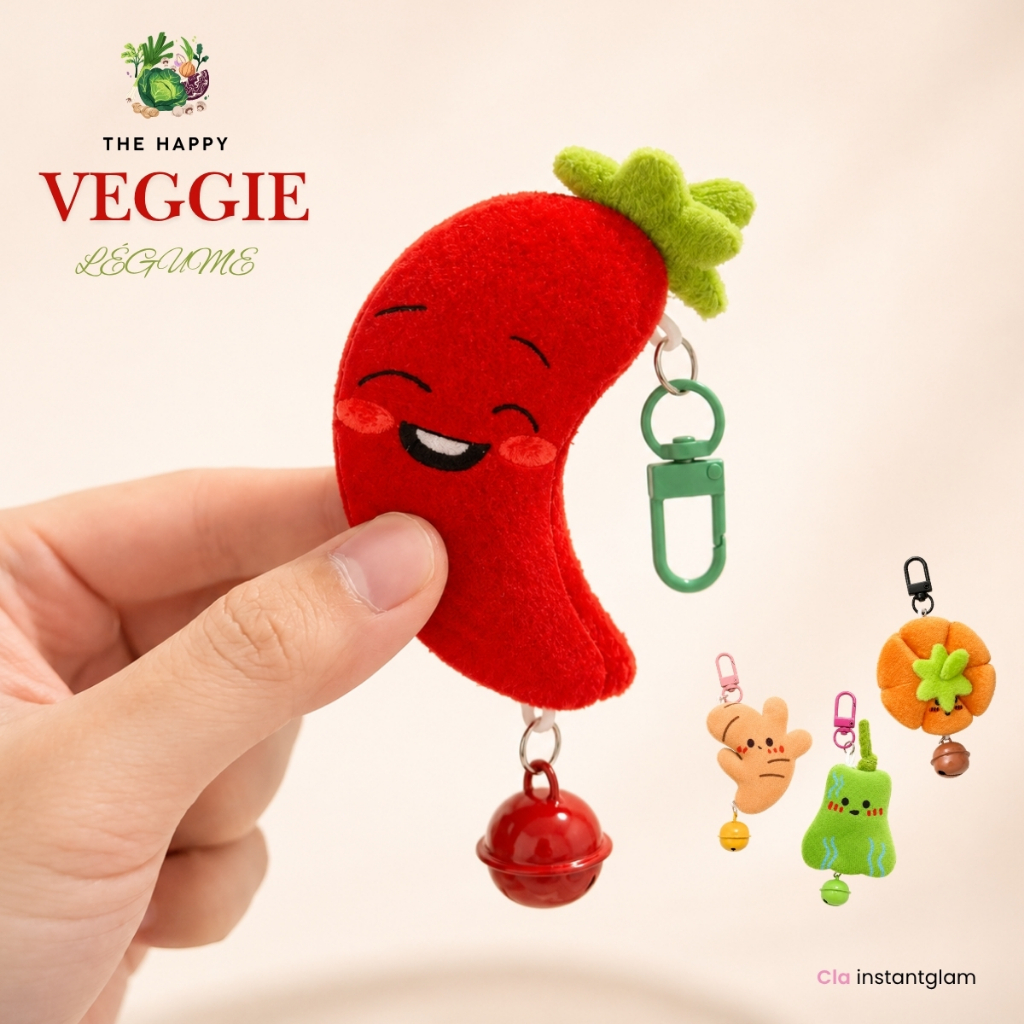 The Happy Veggie - Gantungan Kunci Boneka Sayur Lucu Cabai Jahe Paprika Labu dengan Lonceng Bag Char