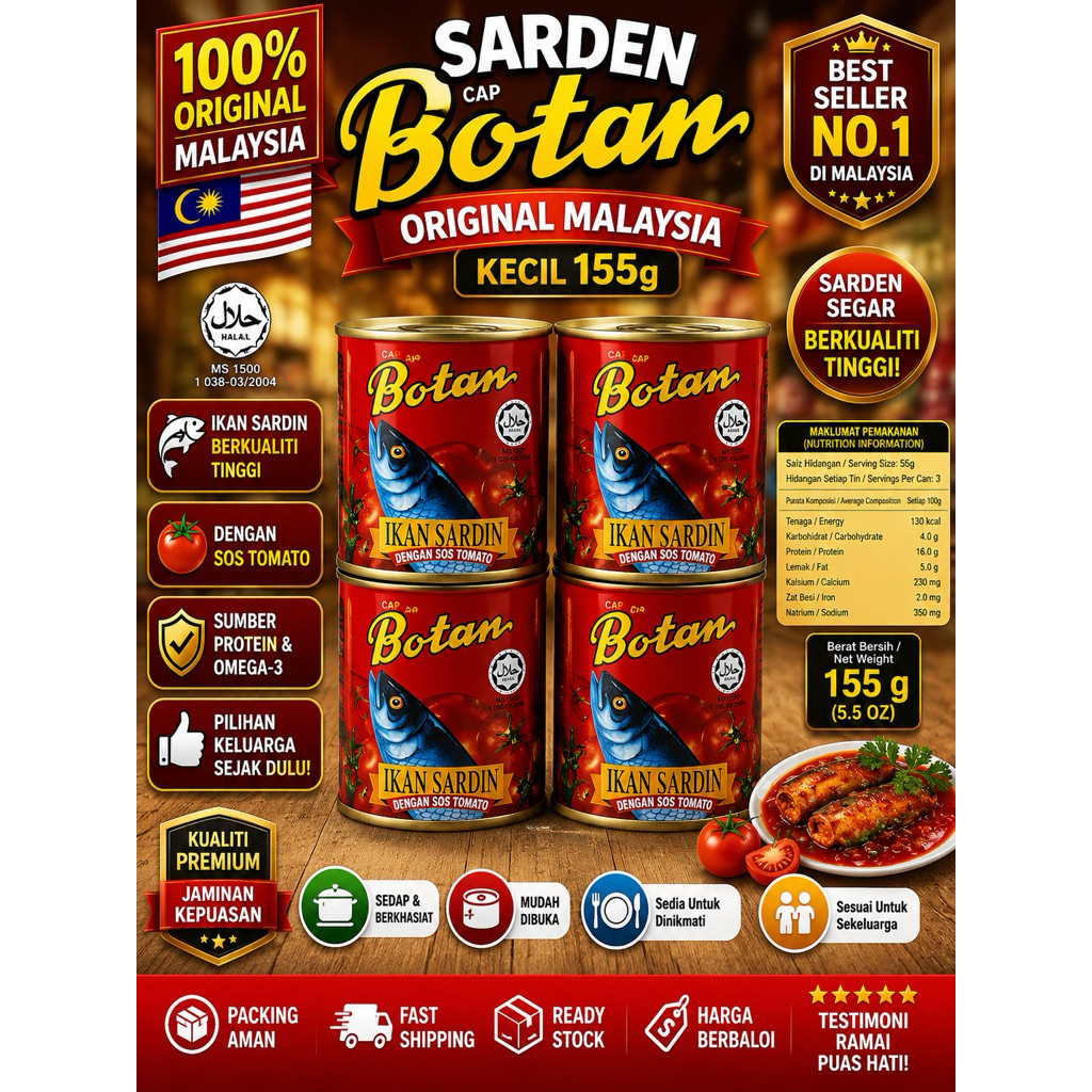 SARDEN BOTAN MALAYSIA 155 GR / BOTAN MALAYSIA KECIL / SARDEN MALAYSIA / SARDEN BOTAN MALAYSIA ORIGIN