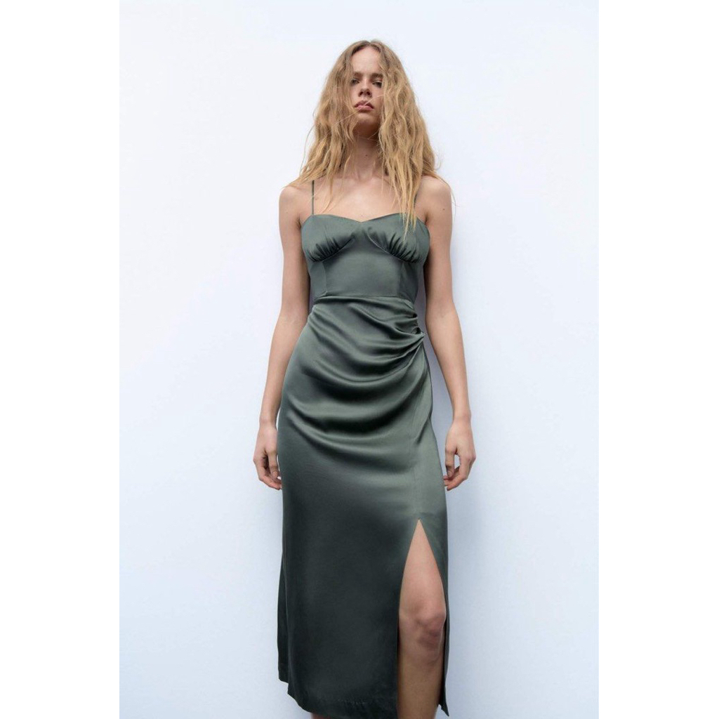 ZARA Olive Satin Bustier Dress