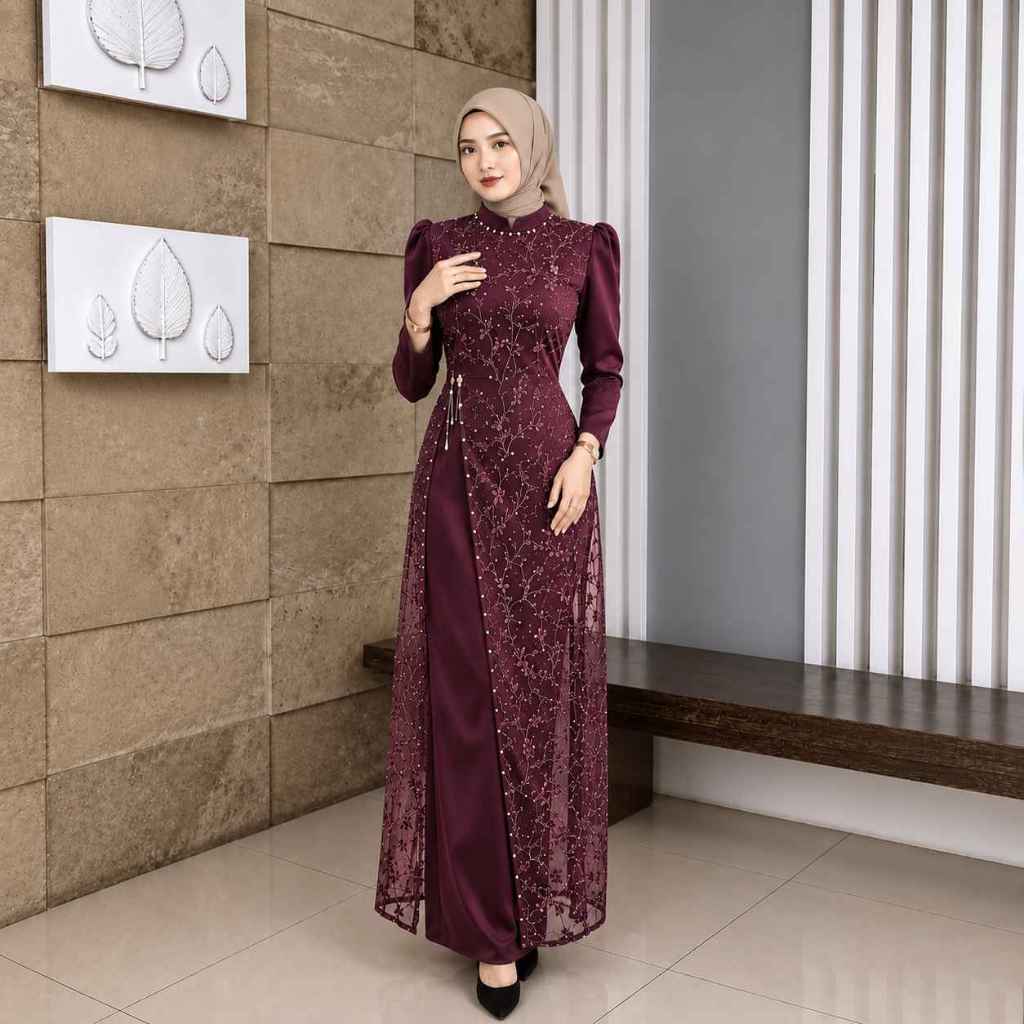 Floreta Dress Gamis Pesta Dress Brokat Gamis LebaranGaun Elegan Payet Mutiara Bahan Cavali Premium