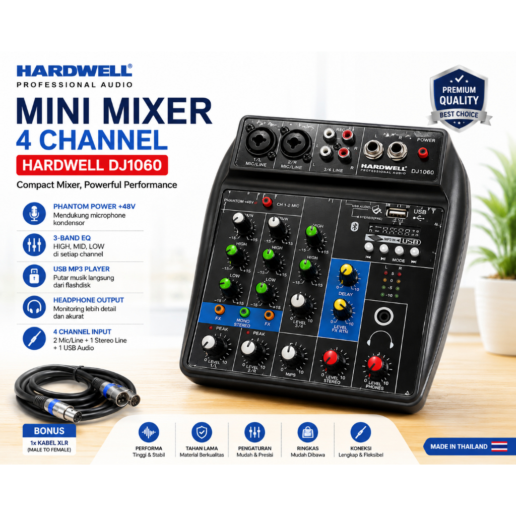 Mixer Audio Mini Hardwell DJ1060 4 Channel USB Bluetooth Phantom 48V + Kabel XLR Bekas