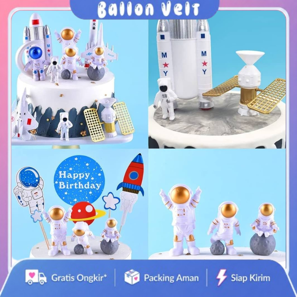 Topper Cake Astronot Luar Angkasa/Topper Tusukan Kue Karton Astronot HBD