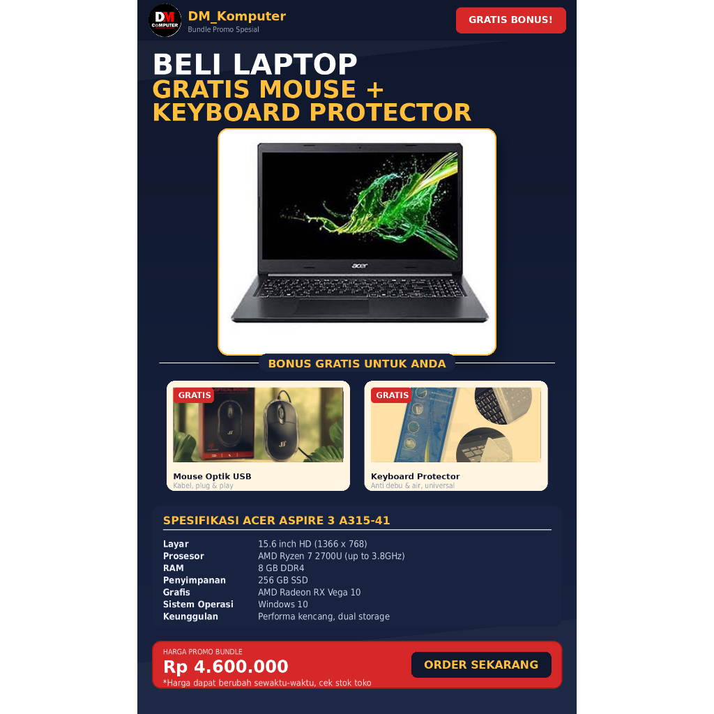 LAPTOP SECOND,Laptop Acer Aspire 3 A315-41, AMD RYZEN 7 - 2700U, Vga: Amd Radeon(TM) RX Vega 10 Grap