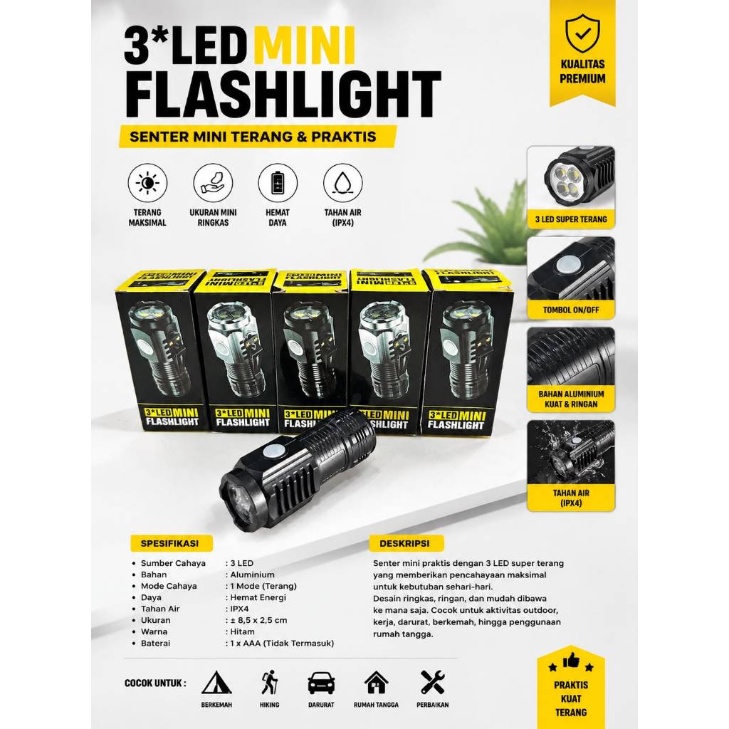 Senter Mini 3 LED Flashlight / Senter Emergency USB Charger