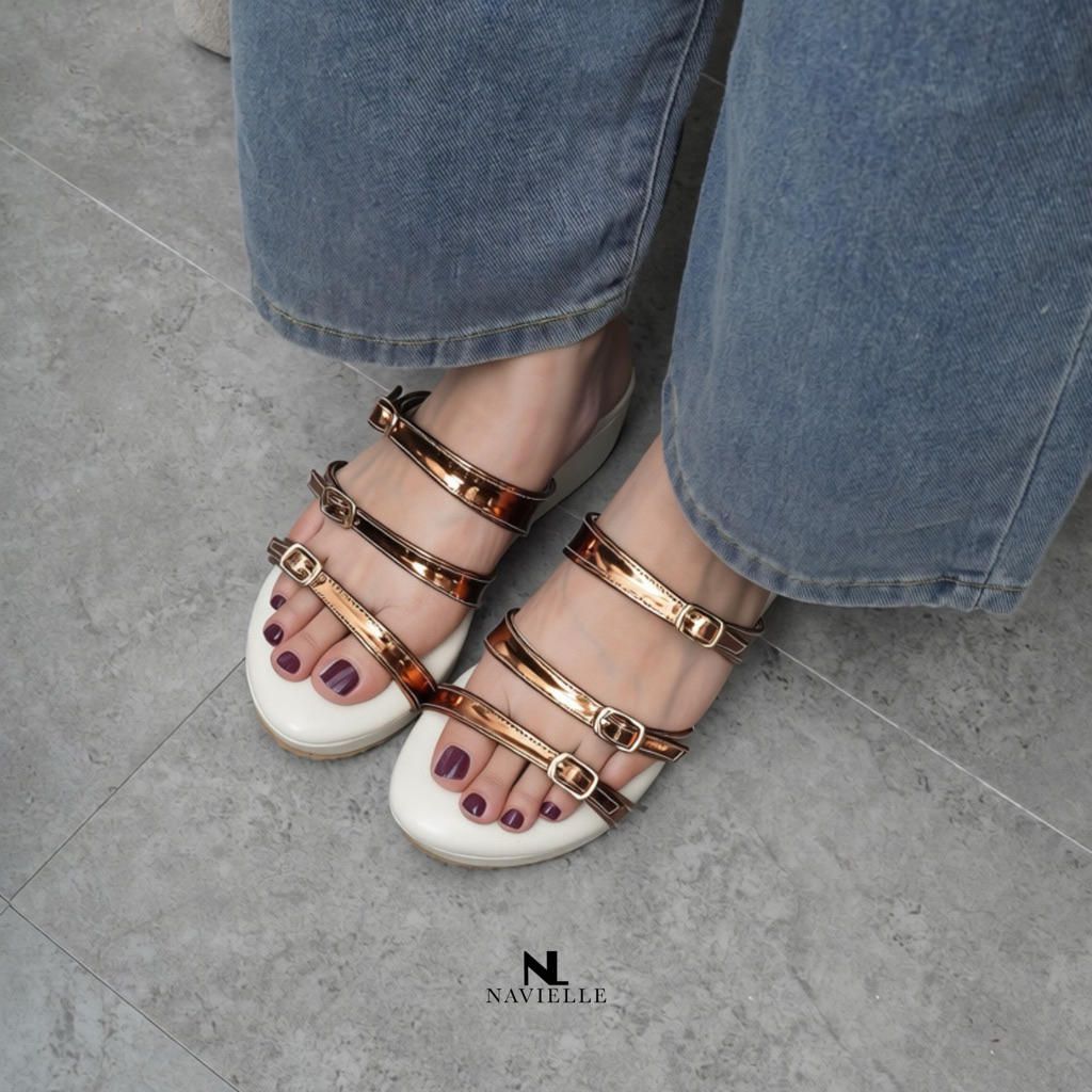 NAVIELLE Milly Shoes Bronze Sandal Wedges Selop Tinggi 5 Cm Wanita Mules Bahan Nevada Tali Milenium 