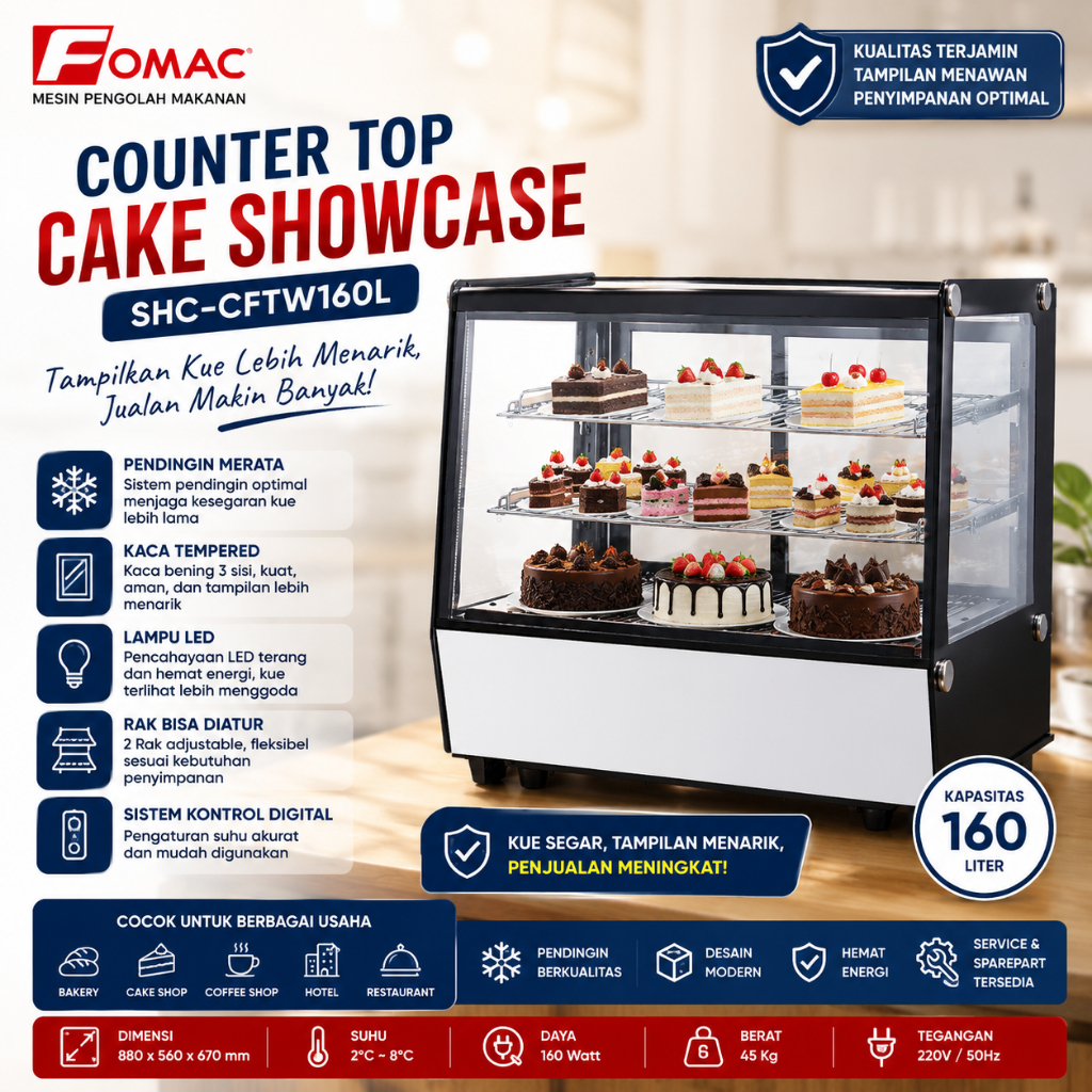 FOMAC SHOWCASE KUE 160 LITER / COUNTER TOP CAKE SHOWCASE (FOMAC) SHC-CFTW160L