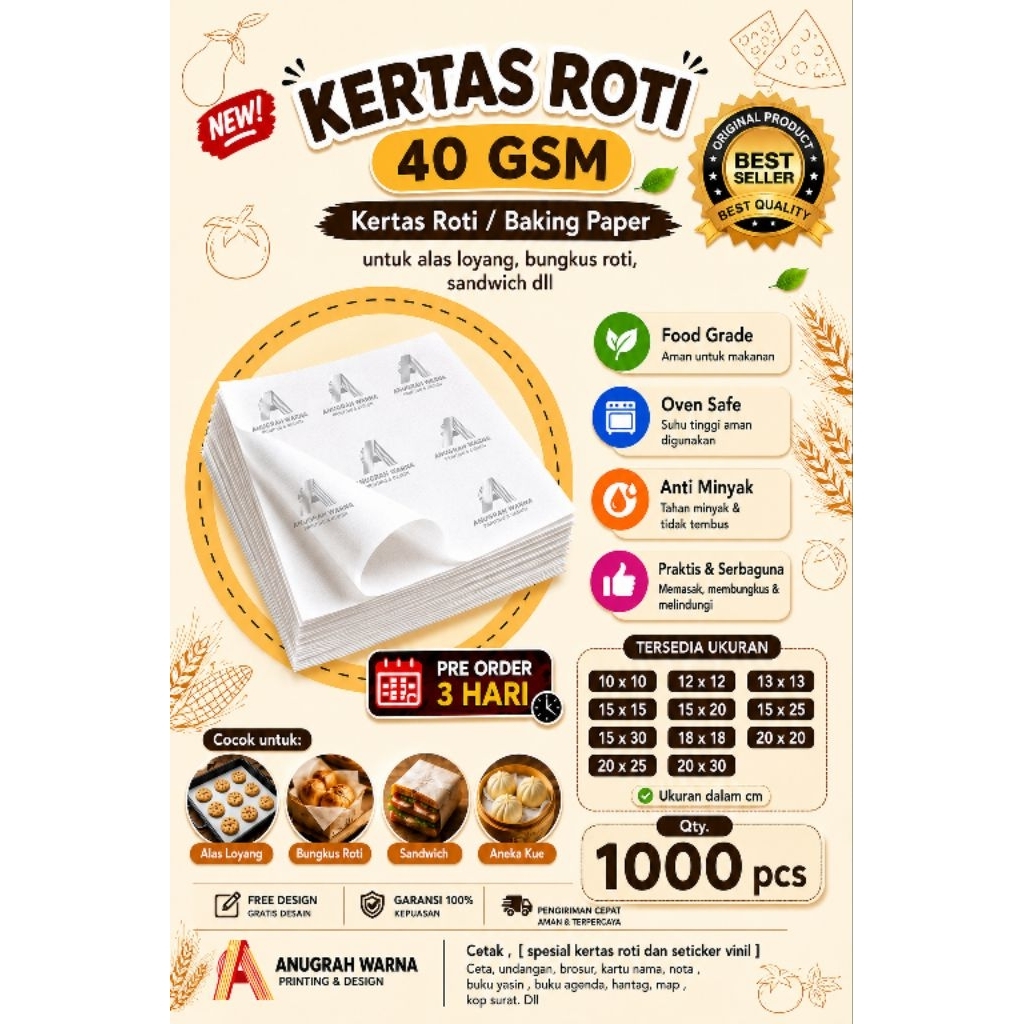 CUSTOM Kertas Roti Foodgrade 1000 Pcs /cetak kertas roti custom / cetak logo / burger / kertas Kenta