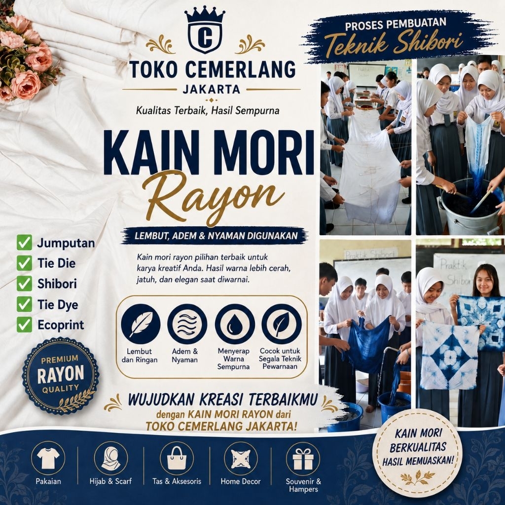 Bahan Kain Mori Rayon Santung Shantung Katun Cotton Polos Batik Jumputan Tie dye Shibori Ecoprint